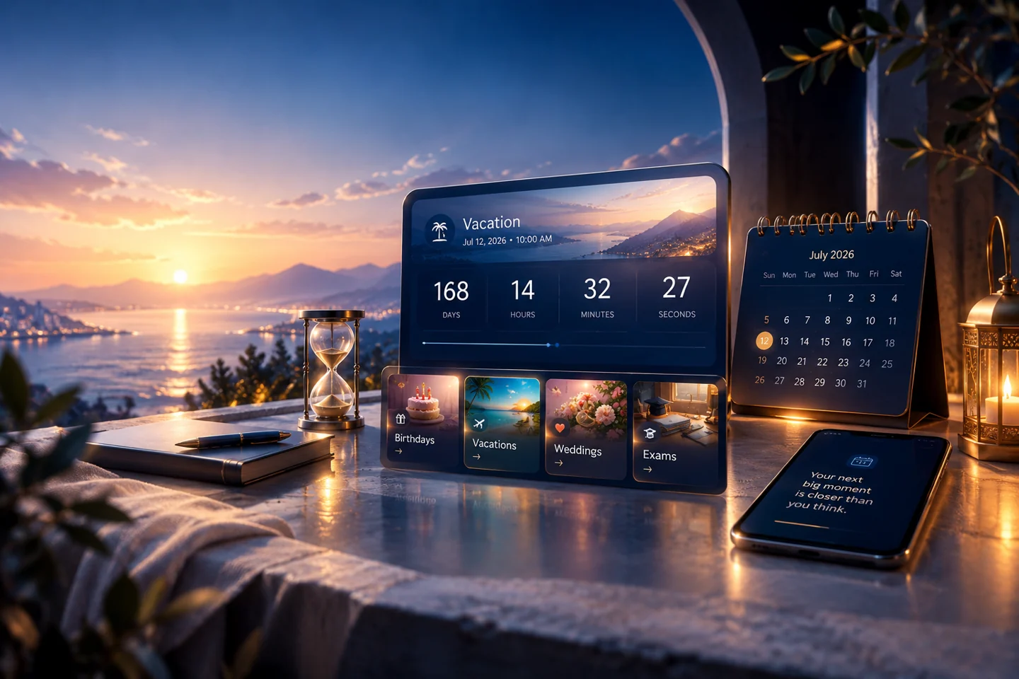 Elegant Timestora countdown dashboard with a calendar and personal events